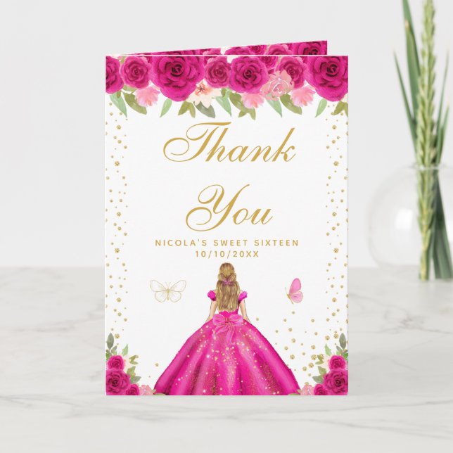 Hot Pink Floral Blonde Hair Girl Sweet Sixteen Thank You Card (Front)