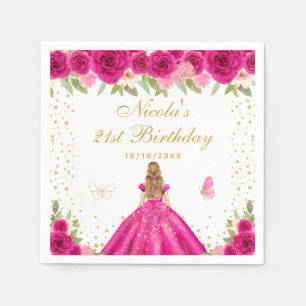 Hot Pink Floral Blonde Hair Princess Birthday  Napkin