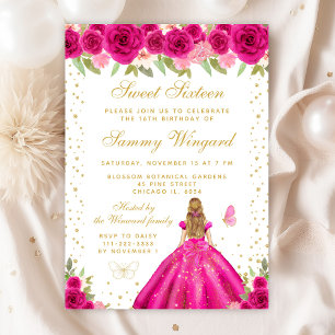Hot Pink Floral Blonde Hair Princess Sweet Sixteen Invitation