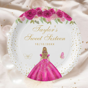 Hot Pink Floral Blonde Hair Princess Sweet Sixteen Paper Plate