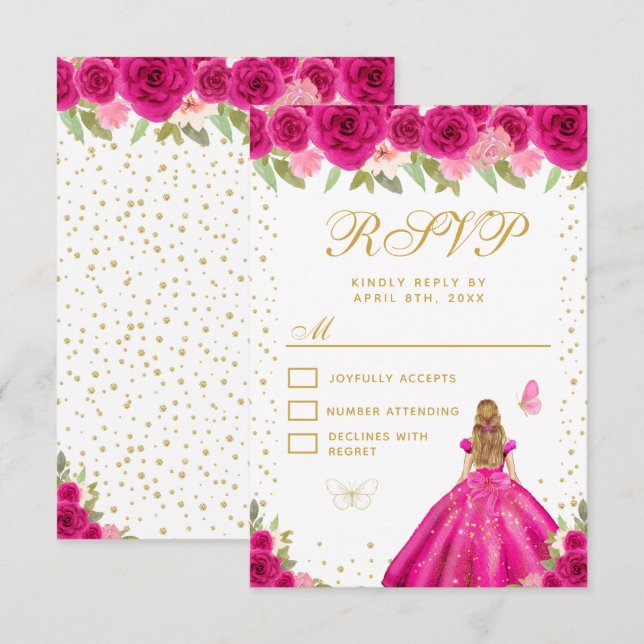 Hot Pink Floral Blonde Hair Princess Sweet Sixteen RSVP Card (Front/Back)