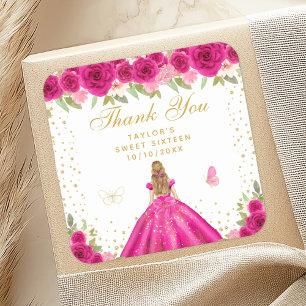 Hot Pink Floral Blonde Hair Princess Sweet Sixteen Square Sticker