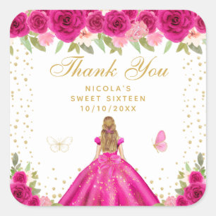 Hot Pink Floral Blonde Hair Princess Sweet Sixteen Square Sticker
