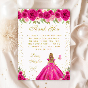 Hot Pink Floral Blonde Hair Princess Sweet Sixteen Thank You Card