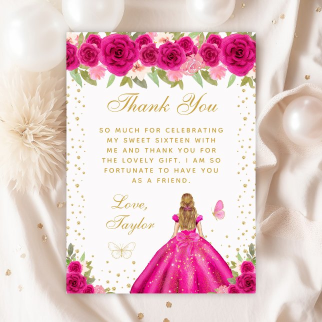 Hot Pink Floral Blonde Hair Princess Sweet Sixteen Thank You Card (Creator Uploaded)