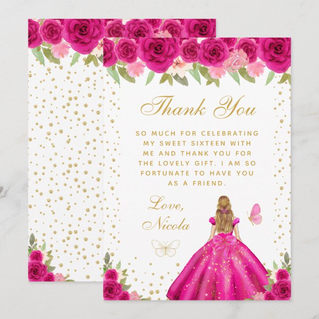 Hot Pink Floral Blonde Hair Princess Sweet Sixteen Thank You Card (Front/Back)