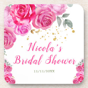 Hot Pink Floral Bridal Shower Coaster