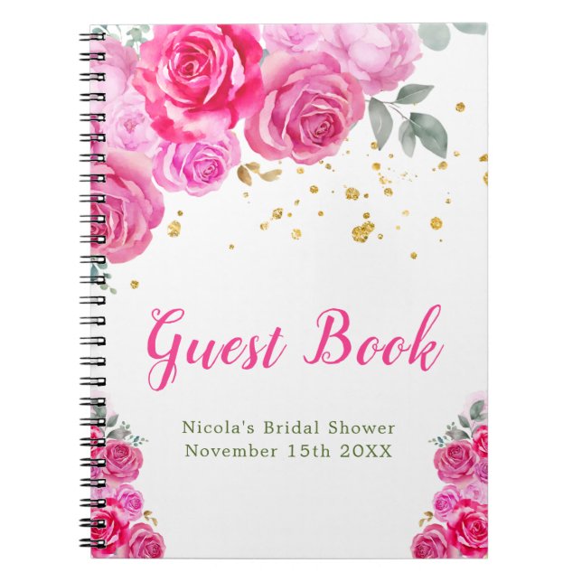 Hot Pink Floral Bridal Shower Guest Book (Front)