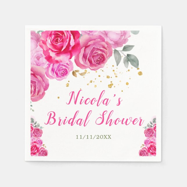 Hot Pink Floral Bridal Shower Napkin (Front)