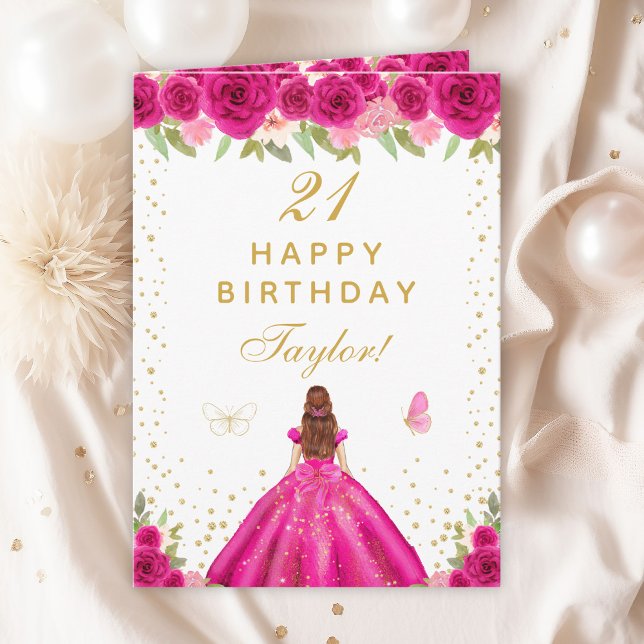 Hot Pink Floral Brown Hair Girl Happy Birthday Card (Creator Uploaded)