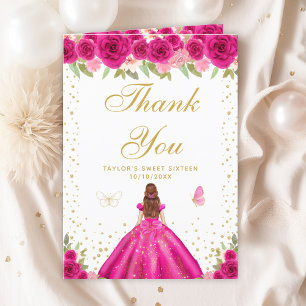 Hot Pink Floral Brown Hair Girl Sweet Sixteen Thank You Card