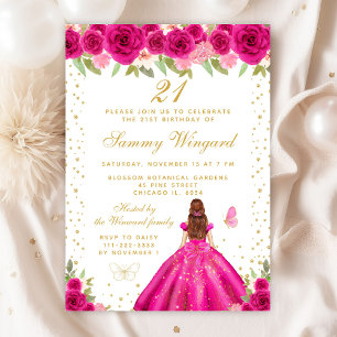 Hot Pink Floral Brown Hair Princess Birthday Party Invitation