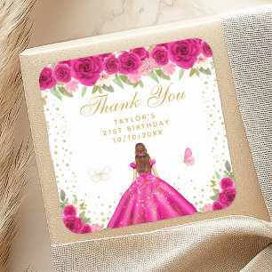 Hot Pink Floral Brown Hair Princess Birthday Party Square Sticker