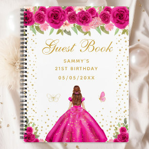 Hot Pink Floral Brown Hair Princess Guest Book