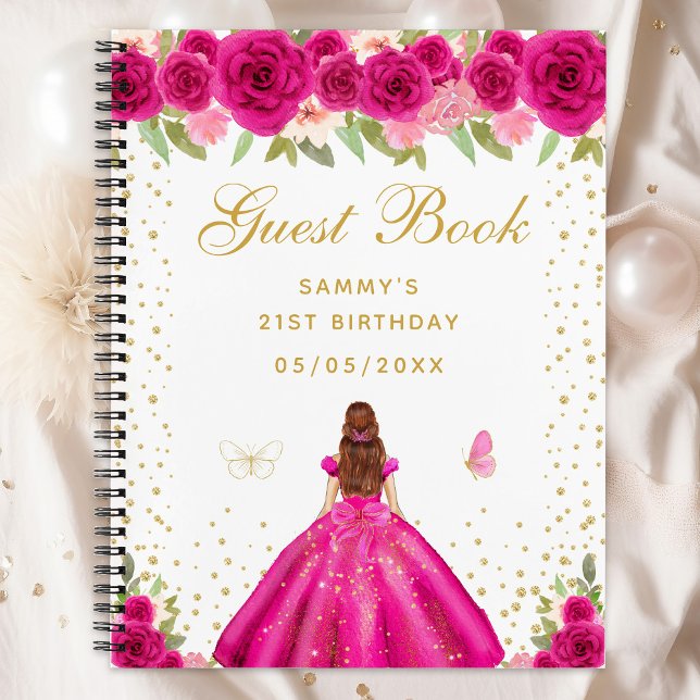 Hot Pink Floral Brown Hair Princess Guest Book (Creator Uploaded)