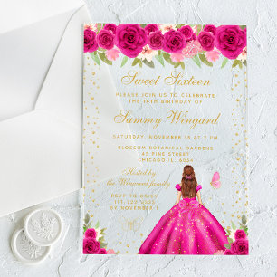 Hot Pink Floral Brown Hair Princess Sweet Sixteen Acrylic Invitations
