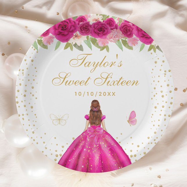 Hot Pink Floral Brown Hair Princess Sweet Sixteen Paper Plate (Creator Uploaded)