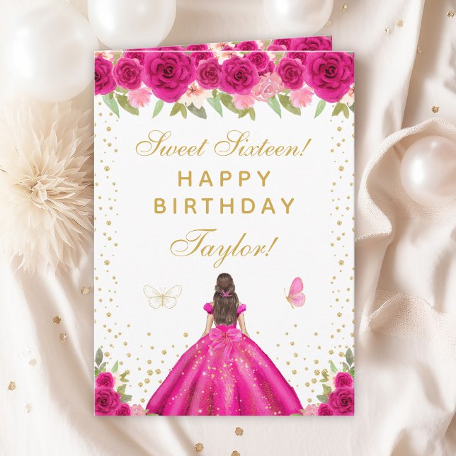 Hot Pink Floral Brunette Hair Girl Sweet Sixteen Card (Creator Uploaded)