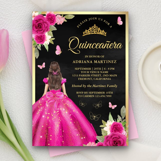 Hot Pink Floral Butterfly Black Gold Quinceanera Invitation (Creator Uploaded)