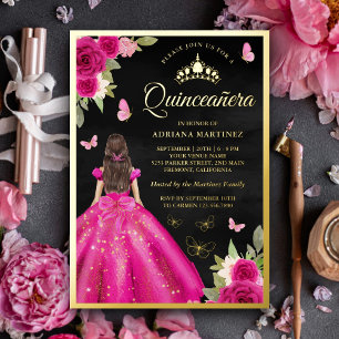 Hot Pink Floral Butterfly Black Quinceanera Gold
