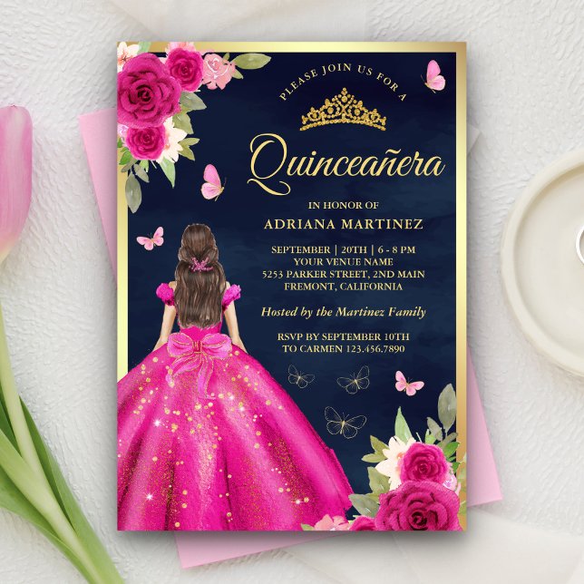 Hot Pink Floral Butterfly Navy Gold Quinceanera Invitation (Creator Uploaded)