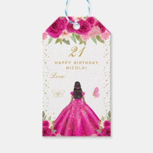 Hot Pink Floral Dark Skin Girl Happy Birthday Gift Tags