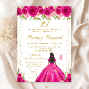Hot Pink Floral Dark Skin Princess Birthday Party Invitation