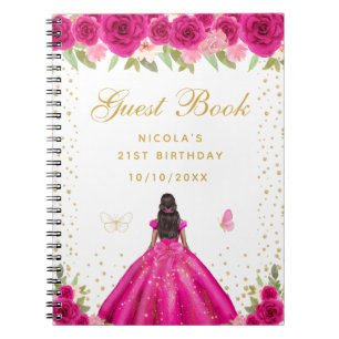 Hot Pink Floral Dark Skin Princess Birthday Party Notebook