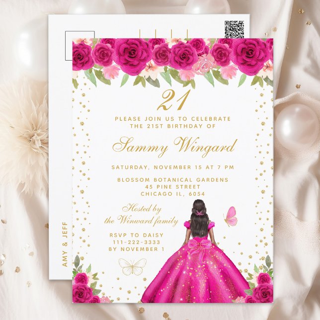 Hot Pink Floral Dark Skin Princess Birthday Party Postcard (Creator Uploaded)