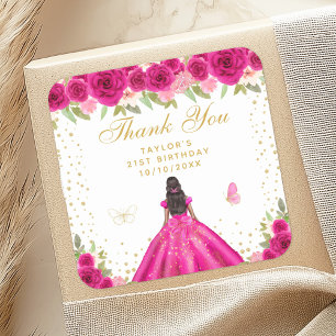 Hot Pink Floral Dark Skin Princess Birthday Party Square Sticker