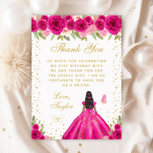 Hot Pink Floral Dark Skin Princess Birthday Party Thank You Card