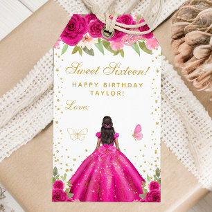 Hot Pink Floral Dark Skin Princess Sweet Sixteen Gift Tags