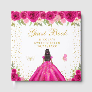 Hot Pink Floral Dark Skin Princess Sweet Sixteen Guest Book