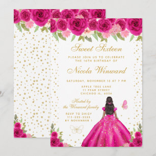 Hot Pink Floral Dark Skin Princess Sweet Sixteen Invitation