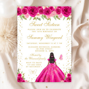 Hot Pink Floral Dark Skin Princess Sweet Sixteen Invitation