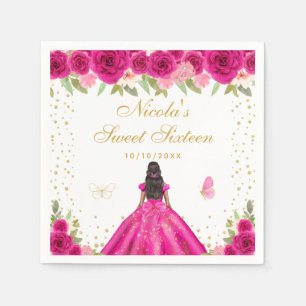 Hot Pink Floral Dark Skin Princess Sweet Sixteen Napkin