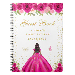 Hot Pink Floral Dark Skin Princess Sweet Sixteen Notebook