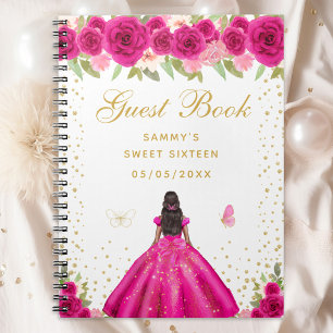Hot Pink Floral Dark Skin Princess Sweet Sixteen Notebook