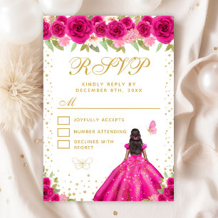 Hot Pink Floral Dark Skin Princess Sweet Sixteen RSVP Card