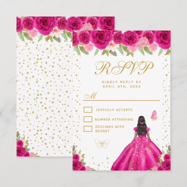 Hot Pink Floral Dark Skin Princess Sweet Sixteen RSVP Card (Front/Back)