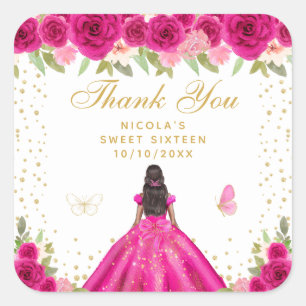 Hot Pink Floral Dark Skin Princess Sweet Sixteen Square Sticker