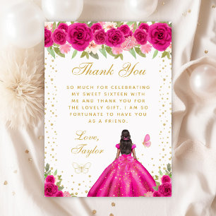 Hot Pink Floral Dark Skin Princess Sweet Sixteen Thank You Card