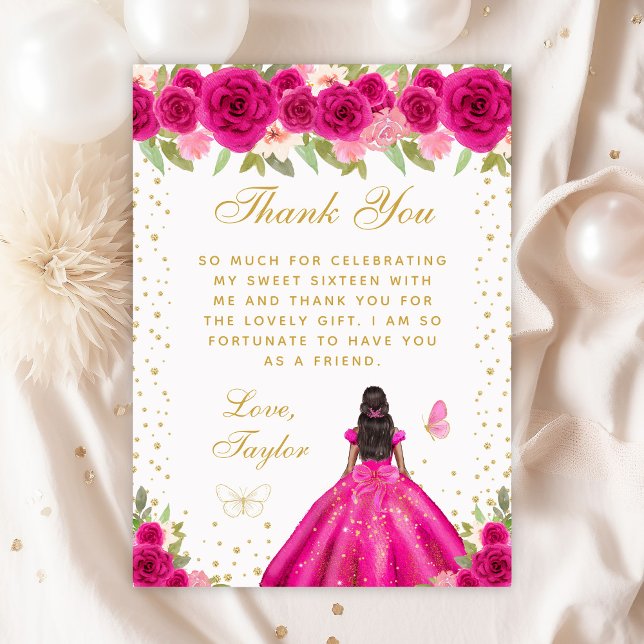 Hot Pink Floral Dark Skin Princess Sweet Sixteen Thank You Card (Creator Uploaded)