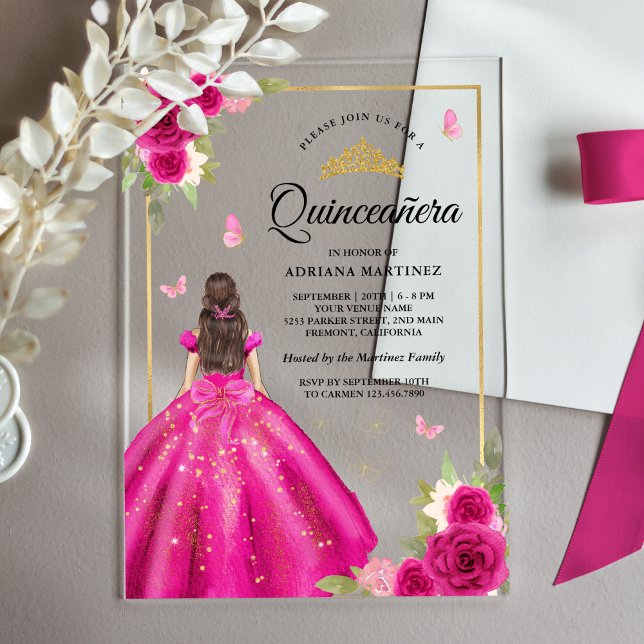 Hot Pink Floral Dress Butterfly Gold Quinceanera Acrylic Invitations (Creator Uploaded)