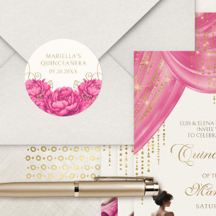 Hot Pink Floral Elegant Quinceanera Classic Round Sticker