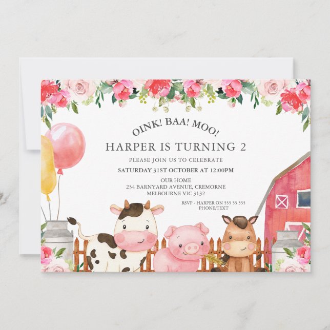 Hot Pink Floral Farm Animals Balloons Birthday Invitation (Front)