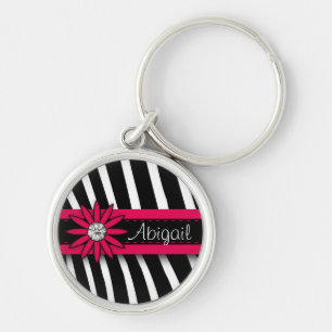 Hot Pink Floral Gem & Zebra Pattern Key Ring