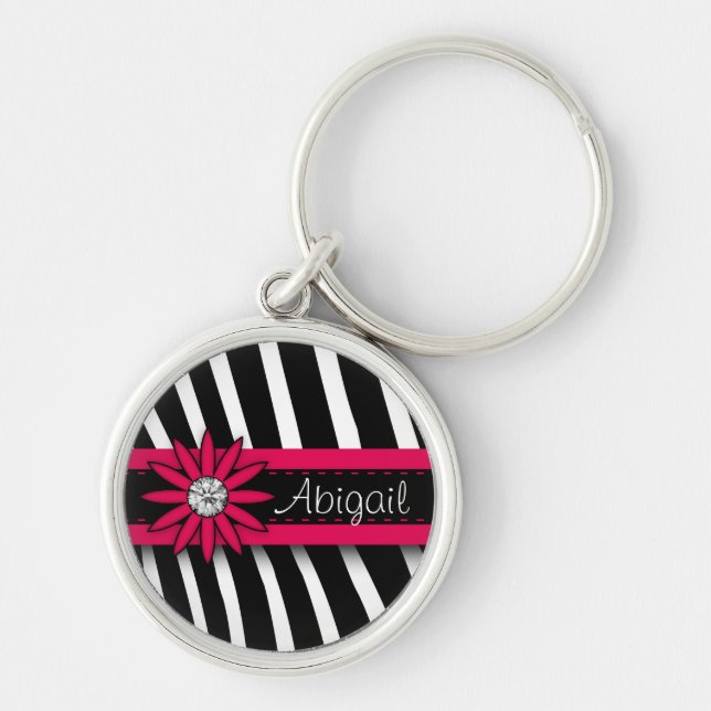 Hot Pink Floral Gem & Zebra Pattern Key Ring (Front)