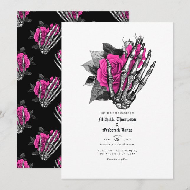 Hot-Pink Floral Gothic Wedding QR Code Invitation (Front/Back)