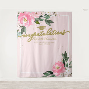 Hot Pink Floral Graduation Party Photo Backdrop Tapestry